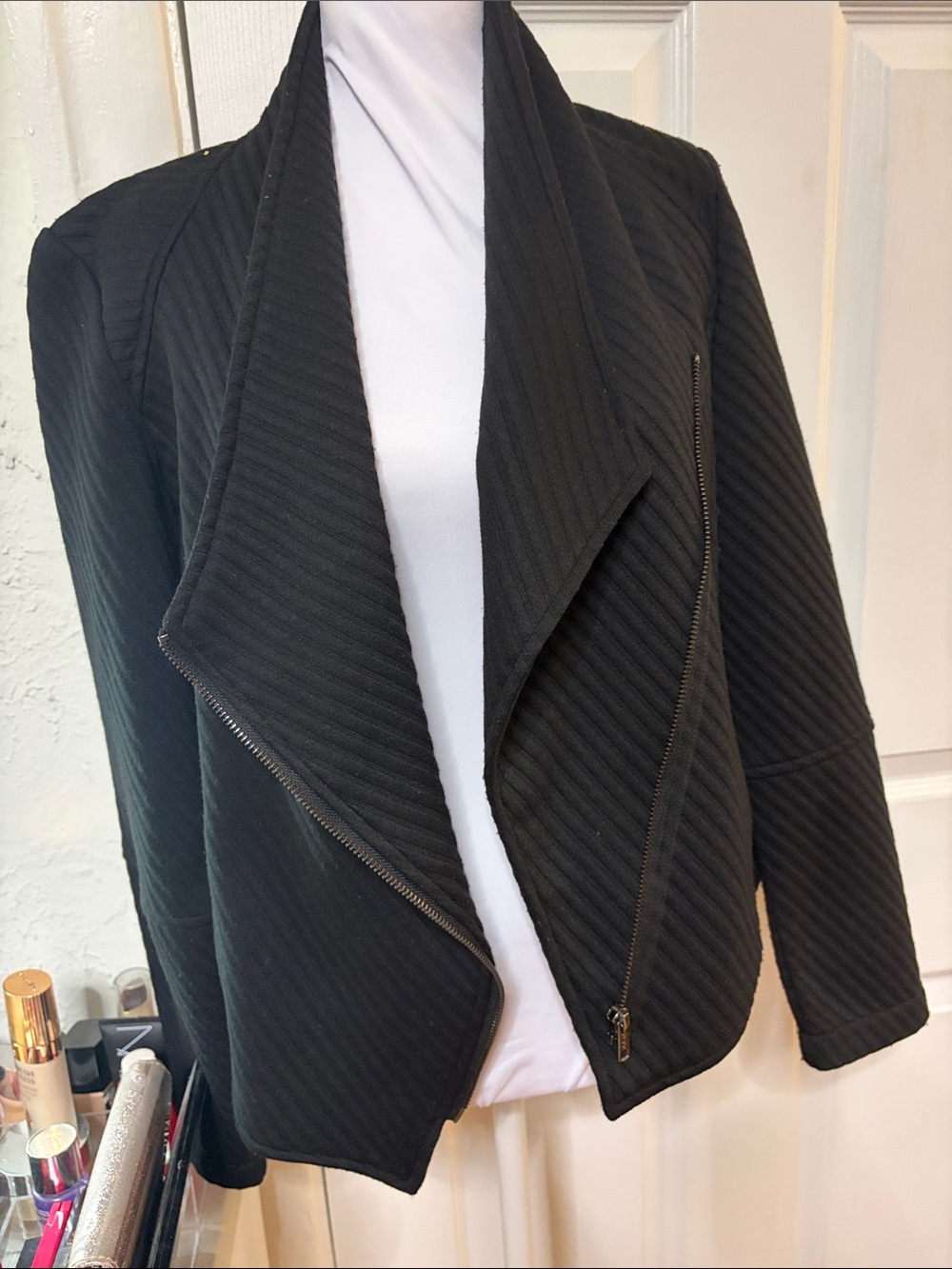 BB Dakota Black Quilted Draped Zip Jacket